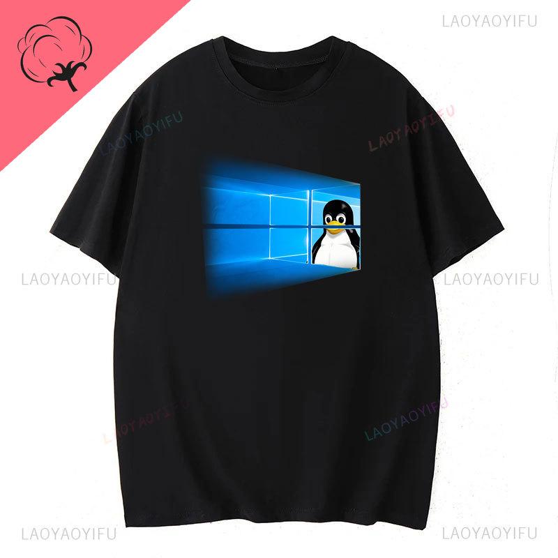 Camiseta Pinguim Linux Algodão Premium Roupa Masculina Lazer Harajuku Manga Camisetas Estéticas Camisetas Vintage Humor Streetwear