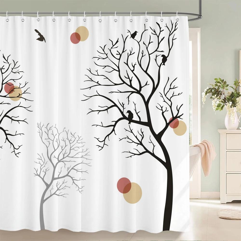 Black And White Printing Leaves Plant Shower Curtain, Simple Art Tree Texture Fabric Waterproof Bathroom Curthroom Decor Curtain