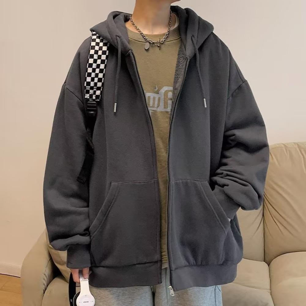 Men's Plus Velvet Autumn Loose Solid Color All-match Hoodie Casual Breathable Zipper Sports Jacket