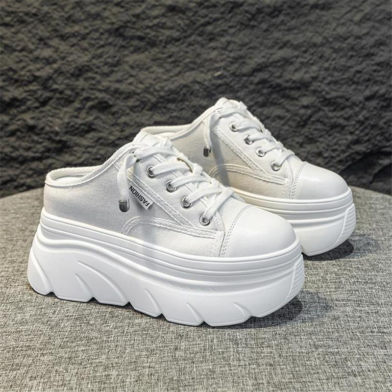 Fashion 9cm Canvas Genuine Leather Women Summer Shoes Wedge Sneakers Platform Slippers Shoes Slip on Sandals Slideds High Heel