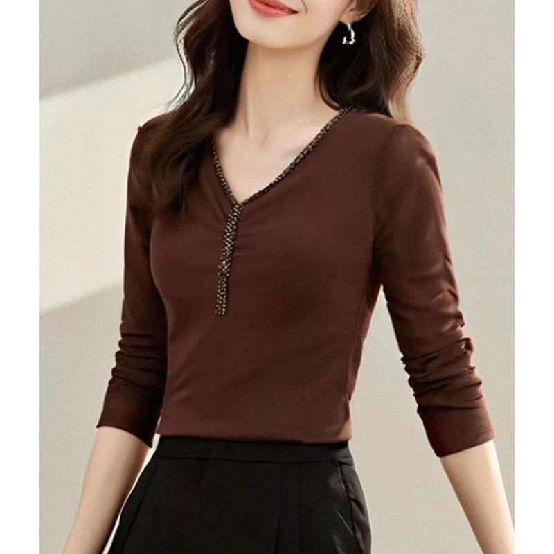 Mesh Long-sleeved T-shirt for Women Spring and Summer New V-neck Tassel Beaded Slim Dance Wear Top