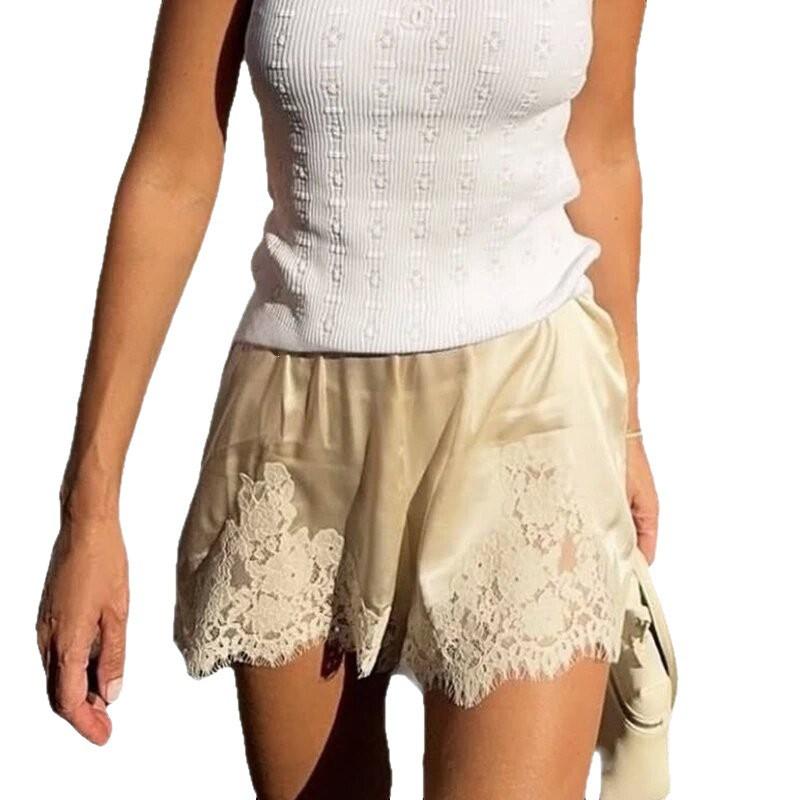 Womens Lace Trim Wide Leg Shorts 3/4 Length Elastic Waist Casual Commute Fashion