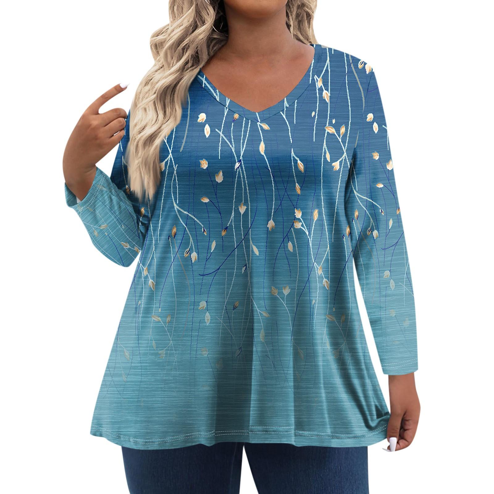 

Женская футболка с винтажным цветочным принтом и V-образным вырезом, свободная, с длинным рукавом, большой размер XXXL синий