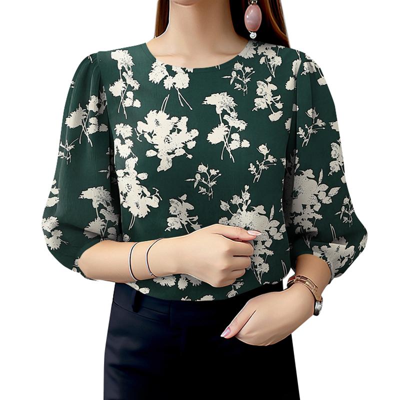 

ZANZEA Женская повседневная блузка с круглым вырезом и рукавом 3/4 с цветочным принтом 4XL зелёный