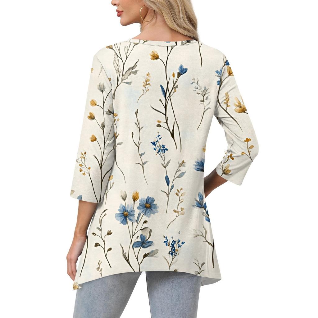 Dámské topy s výstřihem do V a 3/4 rukávem, ležérní košile střední délky, módní tuniky s potiskem