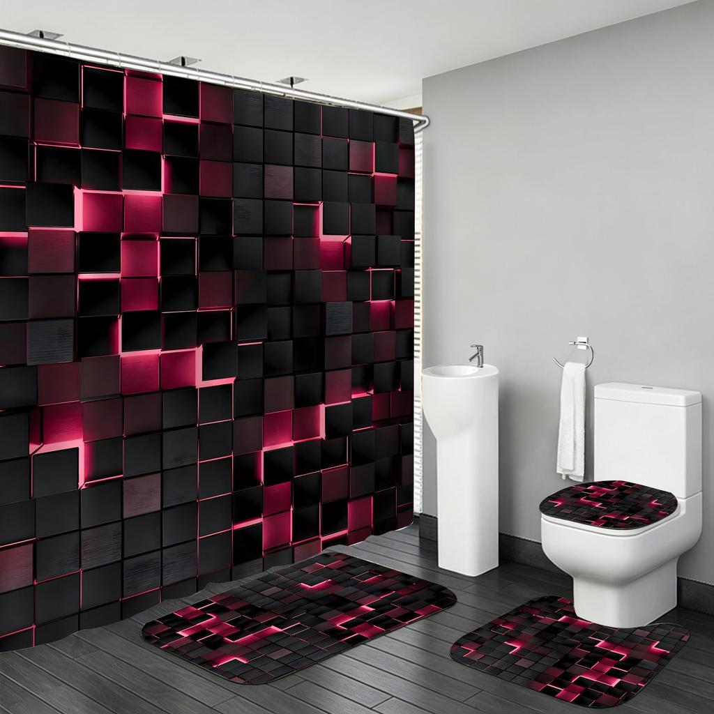 4Pcs Shower Curtain Set with Non-Slip Bath Mat, Toilet Lid Cover, Contour Rug & 12 Hooks, Bathroom
