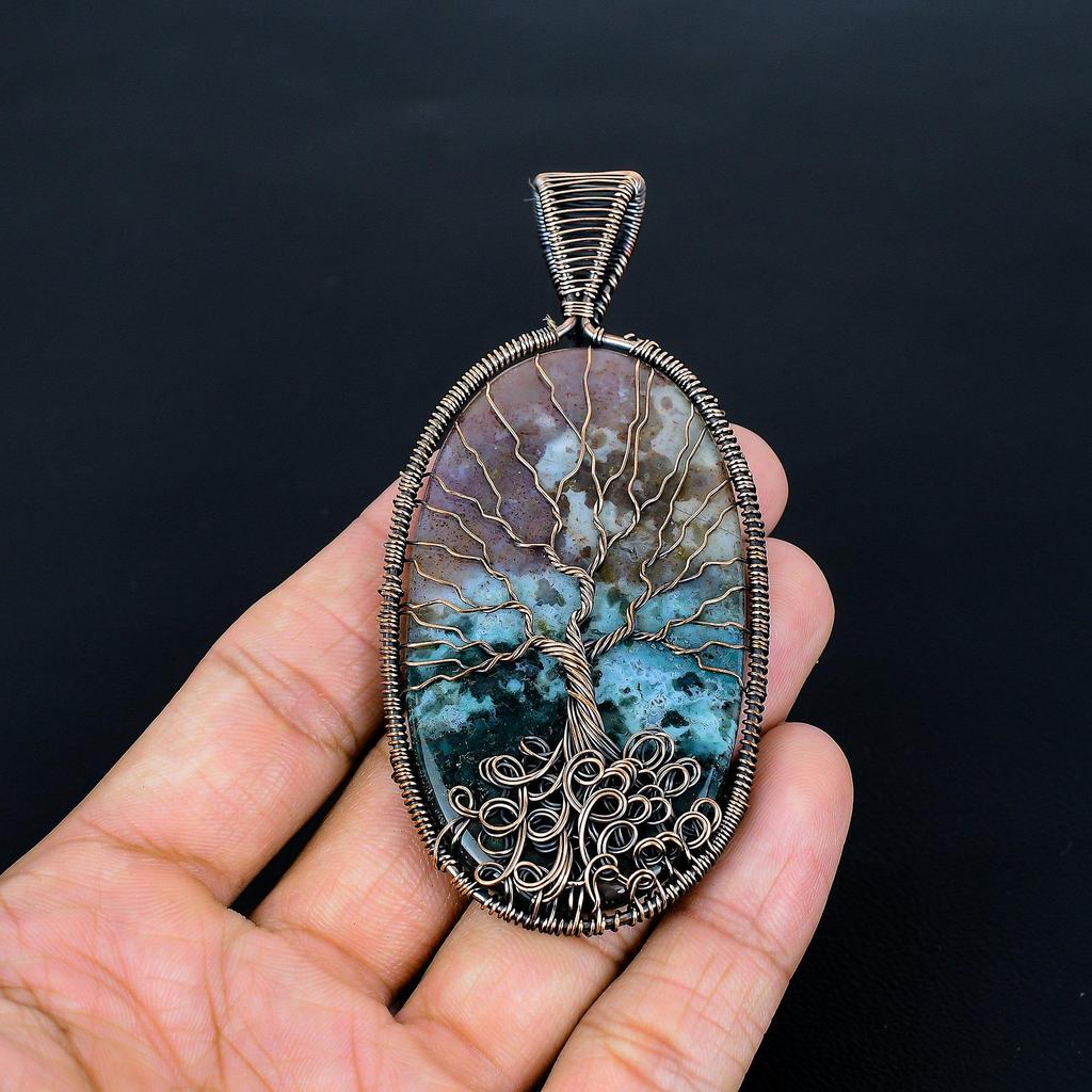 Moss Agate Pendant, Gemstone Jewelry 999 Copper Wire Wrap Tree Of Life Pendant, Gift For Women Handmade Pendant