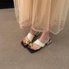 Thick Heel Korean Version of Sandals Niche Vacation One-word Slippers Metal Cover Toe Cool Slippers Women's Outer Wear 2025 Summer and Autumn New Mode