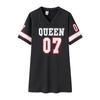V-Neck Queen Letters Print Dress Short Sleeve Basketball Sporty Style Long T-shirt Sexy Loose Female Clothing Streetwear
