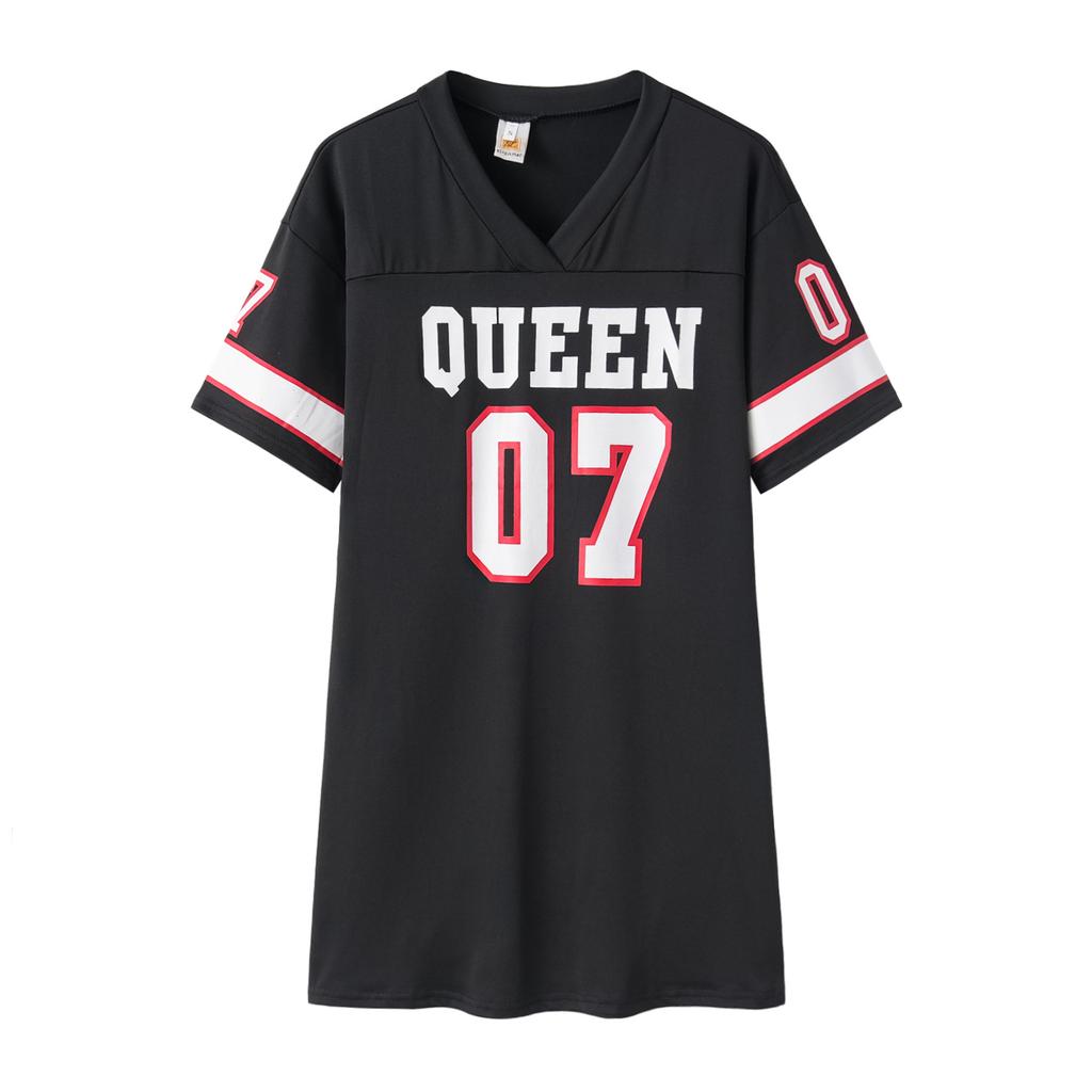 V-Neck Queen Letters Print Dress Short Sleeve Basketball Sporty Style Long T-shirt Sexy Loose Female Clothing Streetwear
