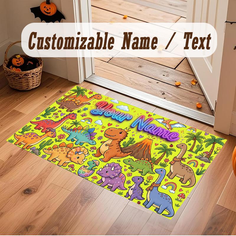 Dinosaur Theme Soft Crystal Velvet Rug Custom Name & Text Print Non Slip Floor Rug for Bedroom Living Room