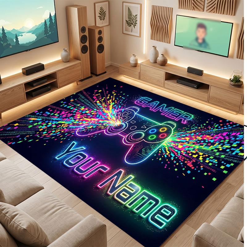 Neon Colorful Theme Crystal Velvet Floor Rug Personalized Custom Name Text Warm Carpet Home Decoration
