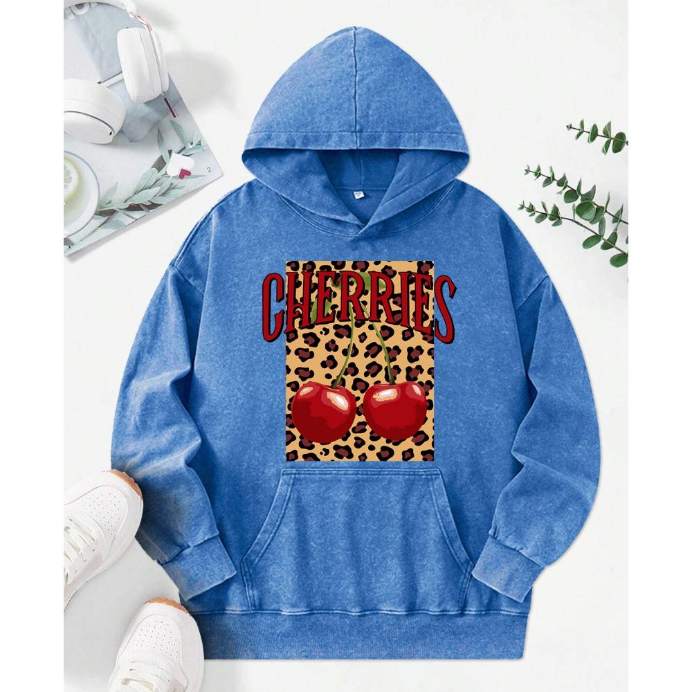 Leopard Cherry Creative Printing Women Washed Hoodie Loose Fashion Streetwear Autumn Multicolor Hoody Cotton Pullover