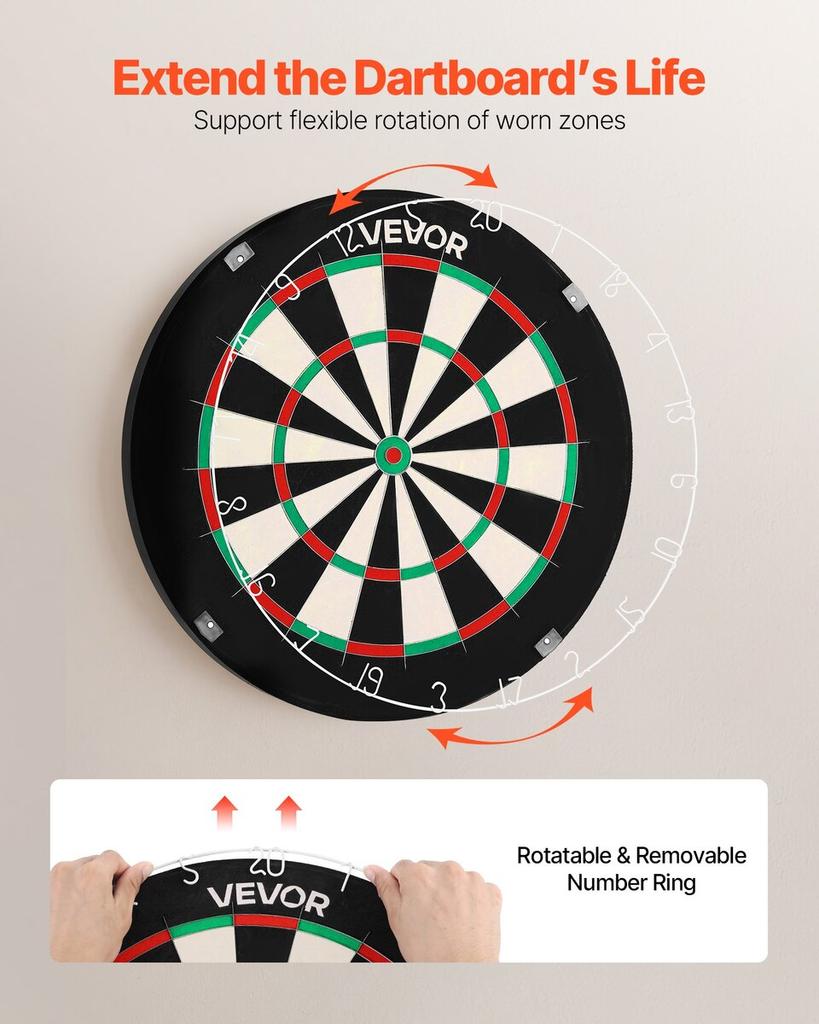 Dart Board, High-Grade Self-Healing Sisal Fiber Dartboard with Staple-Free Bullseye, Blade Wire & Rotating Number Ring, 450mm Professional Dartboard