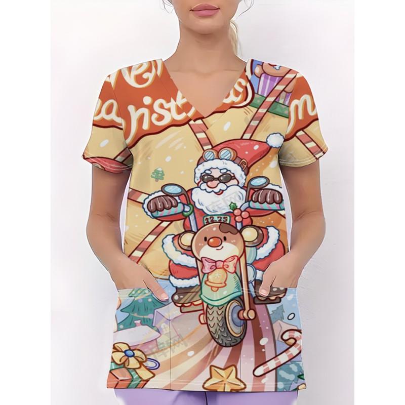 Womens V-Neck Short Sleeve Nursing Scrub Top With 3D Cartoon Print Comfortable Workwear Casual Medical Uniform