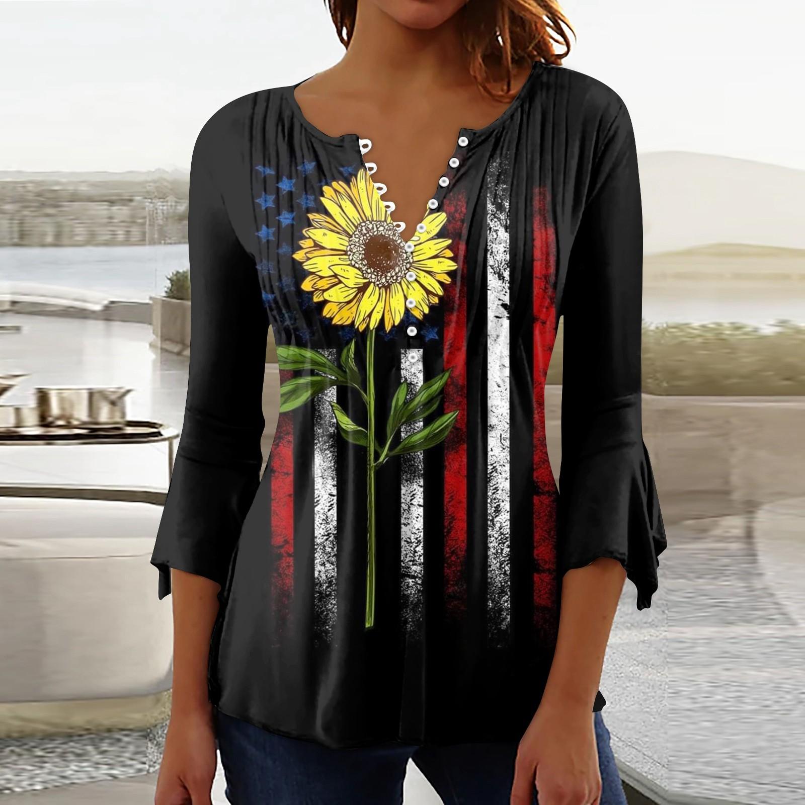 

Блочная туника, топы для женщин, Повседневная блузка с круглым вырезом и принтом на пуговицах, плиссированная свободная рубашка-пуловер с рукавами 3/4 L чёрный