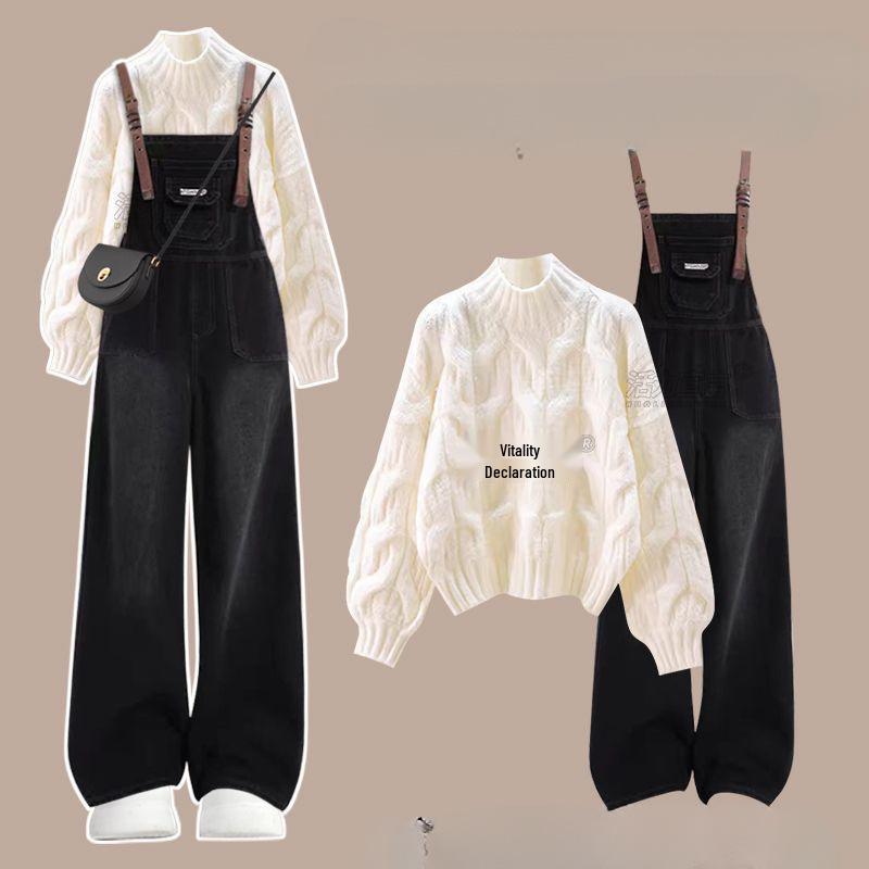 Winter 2025 Women's Plus Size Cable Knit Sweater & Denim Overalls Set