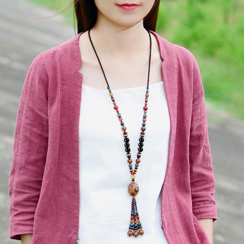 GEMCHIC Women's Ethnic Style Three-Eyed Dzi Bead Long Necklace Handmade Agate Pendant Sweater Chain Vintage Bohemian Jewelry