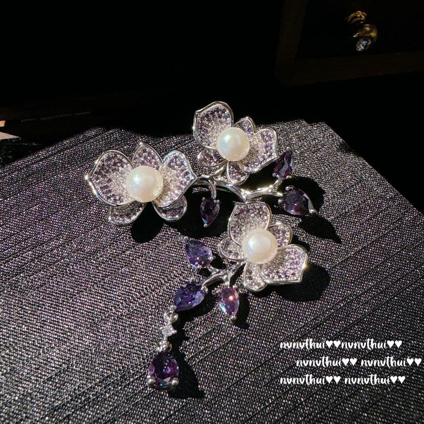 Farah Bow Pearl Jewel Brooch, Tahiti, Deep Sea Beads, Iris Purple Flower Zircon Brooch