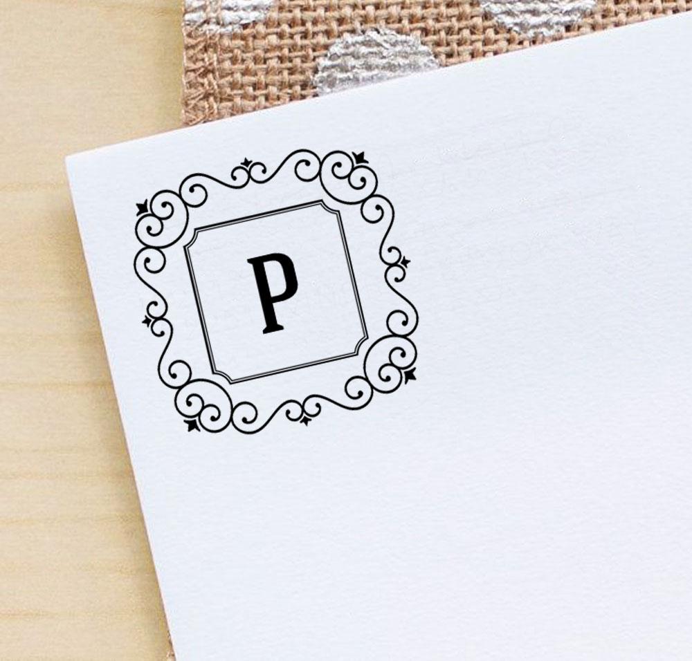 Printtoo Alphabet P Monogram Initial Square Swirl Border Self Inking Rubber Stamp Office