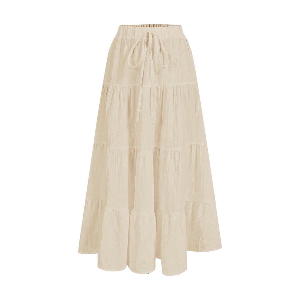 Women's Ruffled Spring Casual Long Skirt Plain Color Skirt Retro Pleated Skirt