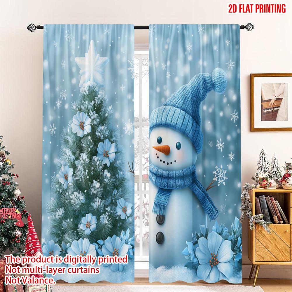 

Set Of 2 Flat Printing Merry Christmas Curtain Cute Snowman Tree Polyester Without Electricity Festive Holiday Curtains Made W100*H70(CM)-Hooks&1PCS