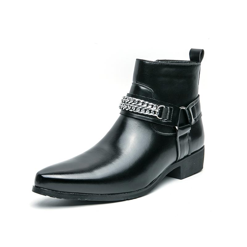 Fashion Leisure Walk Mens Chelsea Boots Handmade High Top Men Shoes Male Leather Ankle Boots Business Dress Shoes New Metal Buckle Botas