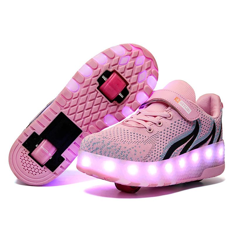Children's double wheel runaway shoes pulley shoes USB charging interface LED light boy wheel shoes girl luminous shoes light shoes