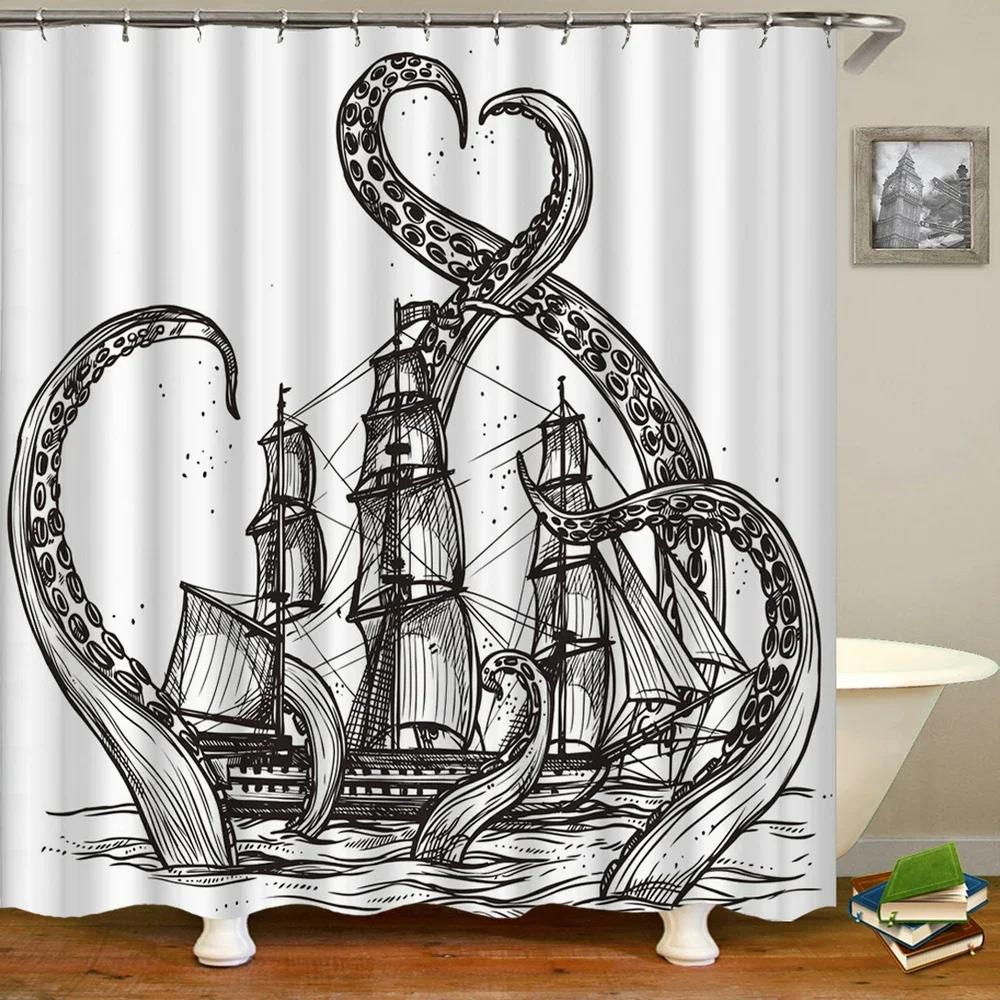 Octopus Seas Shower Curtains Bath Curtain 180*180cm Waterproof Bathroom Home Decor Washable Fabric Bathroom Screen With 12 Hooks