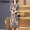 Jacquard V-neck Knitted Dress for Women Mid-length Loose Sweater Dress for Autumn and Winter Casual Knitted Sweater