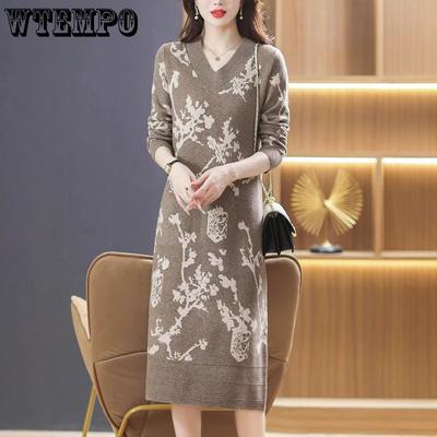 Vestido de Punto Jacquard con Cuello en V para Mujer Vestido Suéter Holgado de Longitud Media para Otoño e Invierno Suéter de Punto Casual