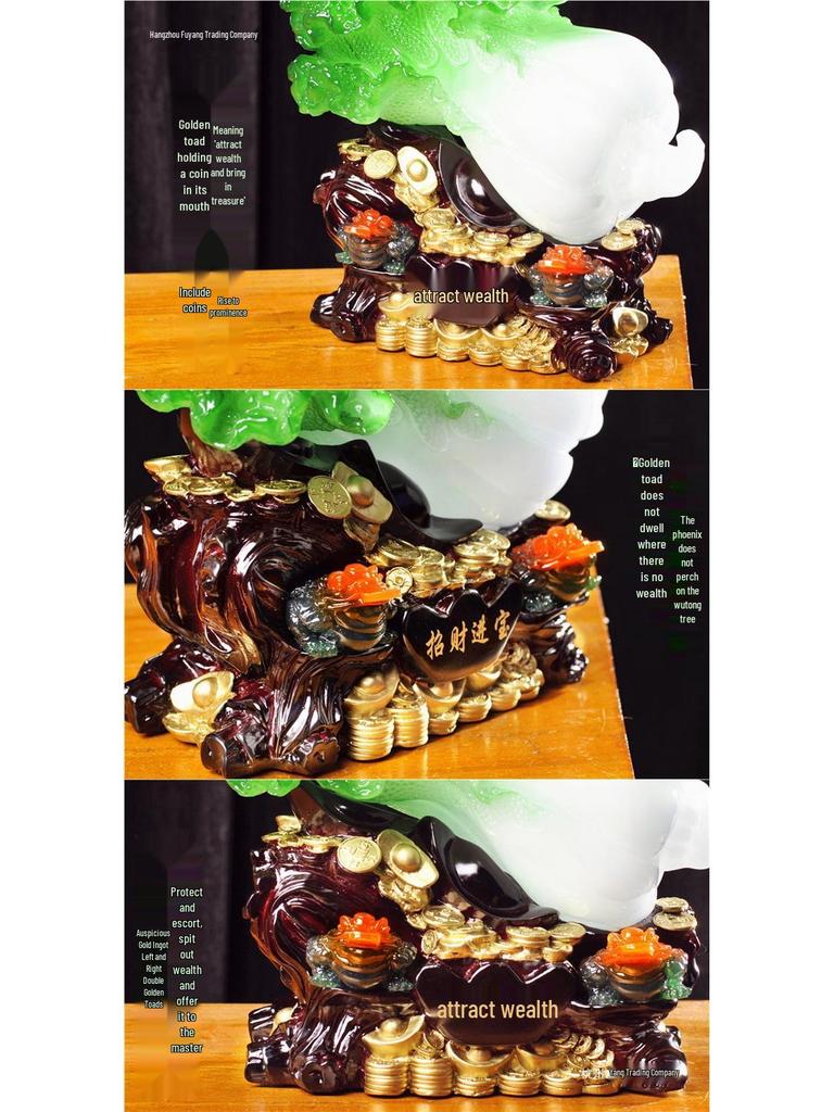 Large Jade Cabbage Ornament with Golden Toad - Living Room, Entrance & Wine Cabinet Decoration Gift
