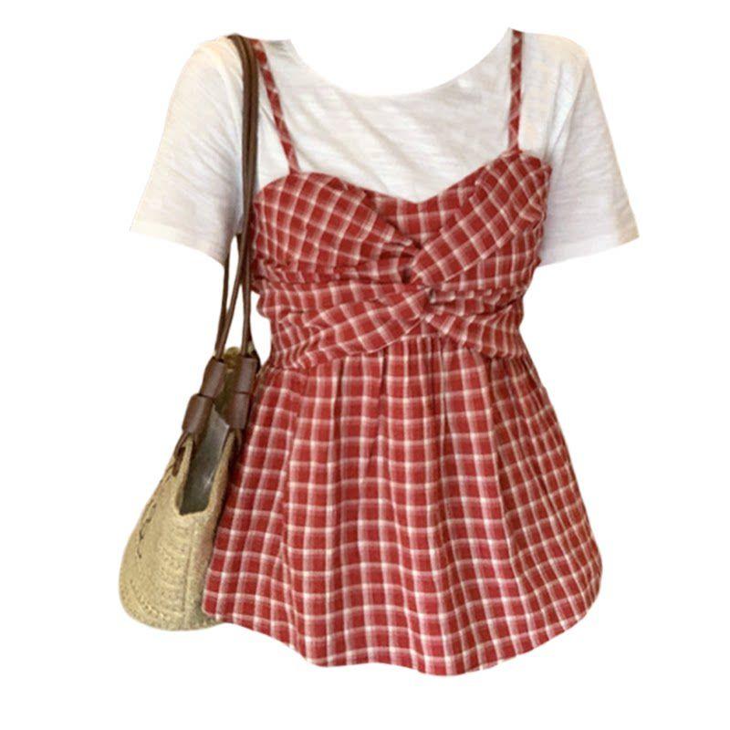 

Plus Size Plus Size Ladies Patchwork Stylish Fake Two Pieces Short Sleeve T-shirt Summer K-style Slimming Lace up Gingham Sling Tops Image color 4XL