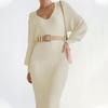 Elegant Retro Knitted Sweater Dress V-Neck Lantern Sleeve Solid Color Light Mature Style Autumn Winter New