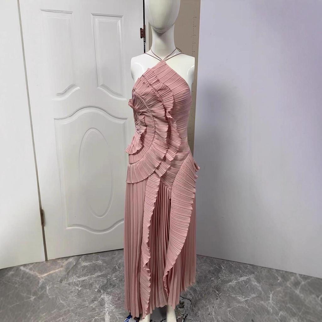 High-End Women's Chiffon Midi Dress with Ruffle Pleats, European and American Fashion