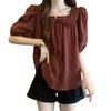 Women's Plus Size Square Neck Puff Sleeve Top - Summer 2025, Loose Slimming Tummy-Concealing Design