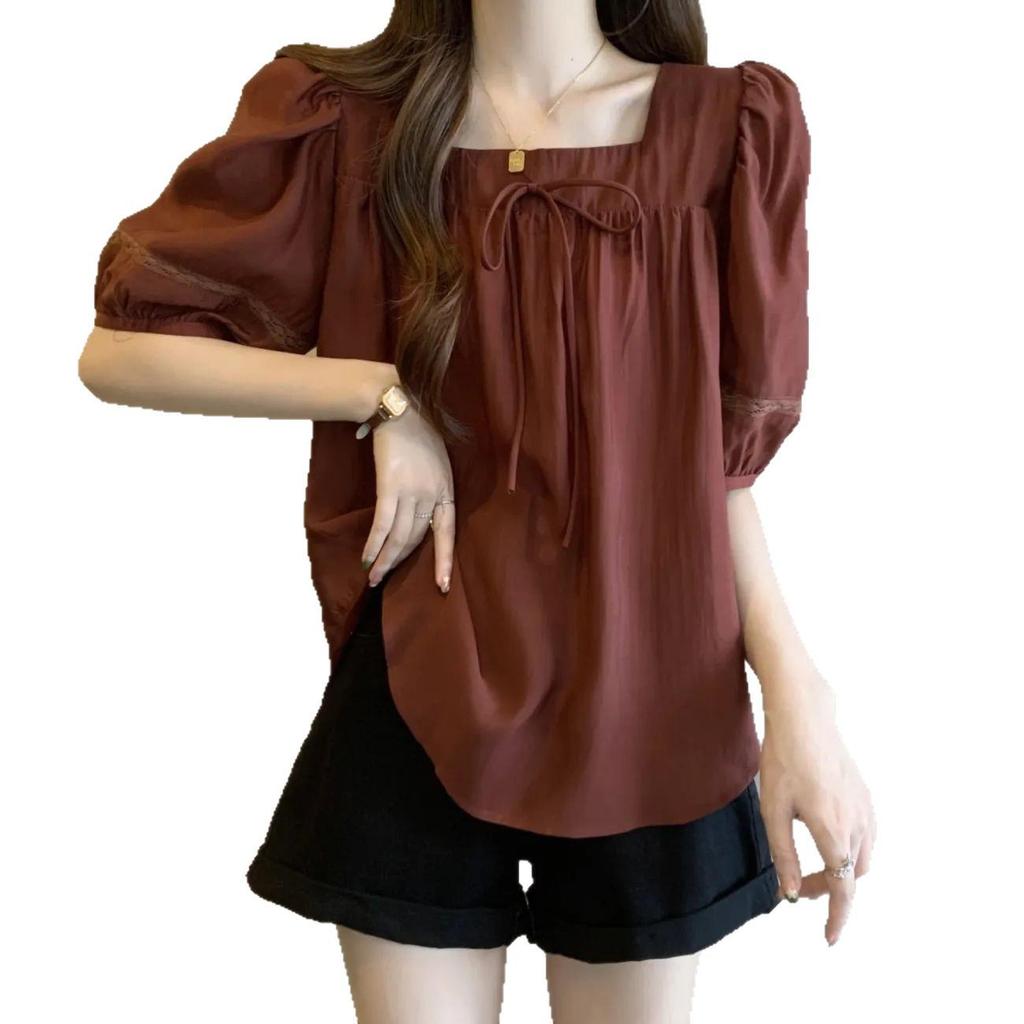 Women's Plus Size Square Neck Puff Sleeve Top - Summer 2025, Loose Slimming Tummy-Concealing Design