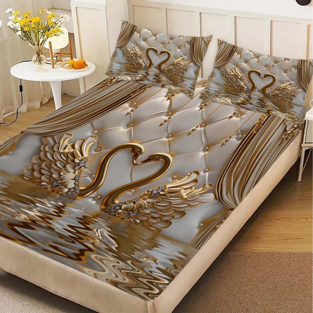3pcs Gold Swan Couple Fitted Sheet 3D Printed Elegant Style For Couples Flat Sheet With 2 Pillowcases Bedroom Decoration