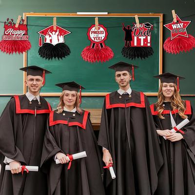12Pcs 2026 Graduation Honeycomb Decor 3D Honeycomb Centerpieces for Commencement Party Red & Black Theme Bachelor Cap Party Decor