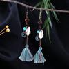 Turquoise Bohemian Owl Feather Tassel Earrings - Bronze Geometric Carved Design with Palm and Dreamcatcher Elements