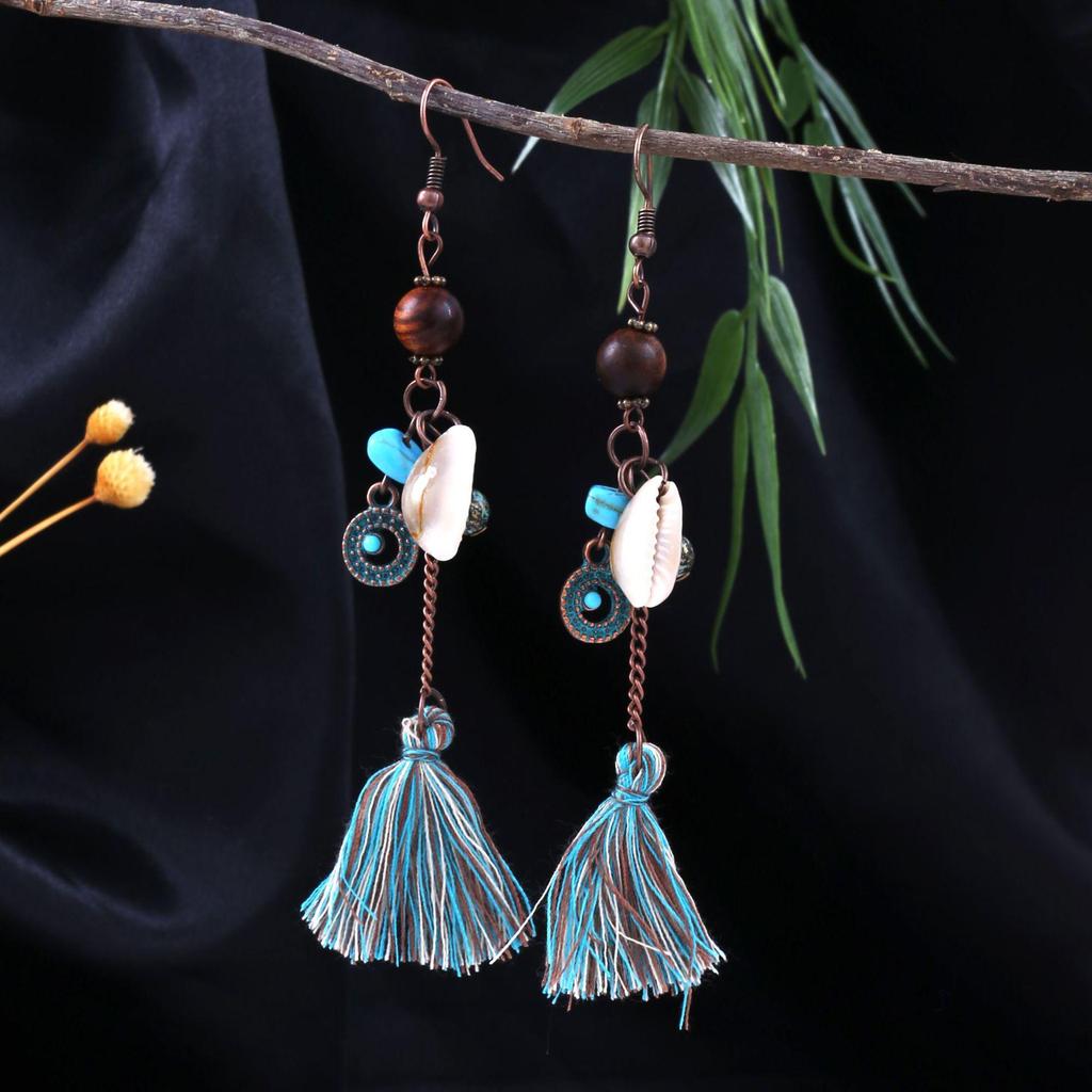 Turquoise Bohemian Owl Feather Tassel Earrings - Bronze Geometric Carved Design with Palm and Dreamcatcher Elements