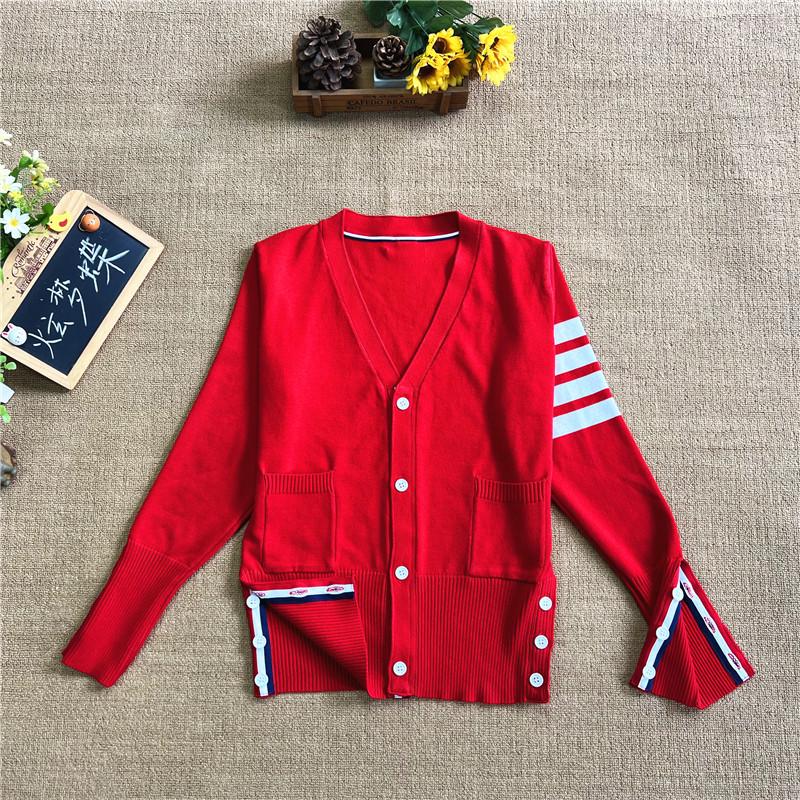 Four-Bar Stripe Unisex Knitted Cardigan - Loose Fit, College Style, Plus Size, Perfect for Spring and Autumn.