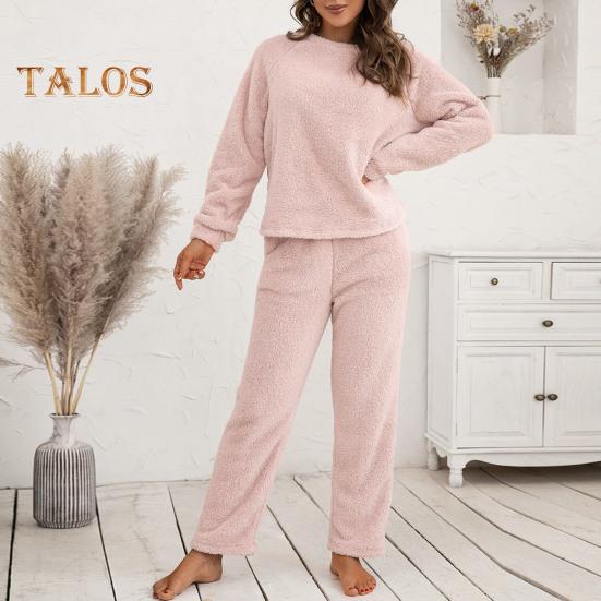 2 Pcs/Set Pajama Set Autumn Winter Casual Outfit Top Pants Set Round Neck Long Sleeve Top Elastic Waist Sport Tracksuit Daily Clothes Sleepwear