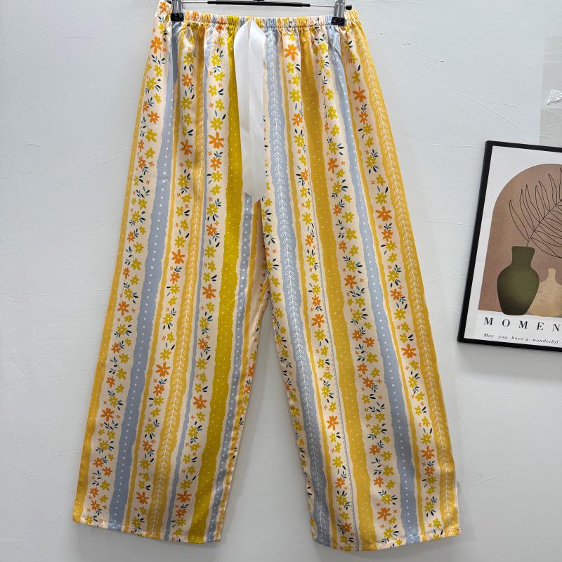 Damen-Blumen-Baumwoll-Seiden-Pyjama - Große Größen, Sommer, Leicht, Für draußen, Gerades Bein, Lockerer Schnitt