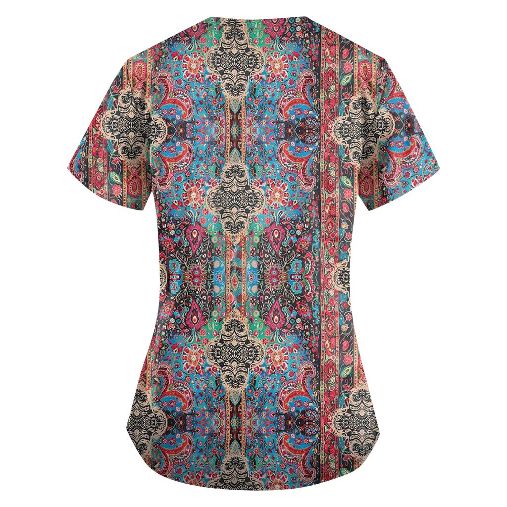 Plus SizePrinted Scrub Working Uniform Tops For Women's Cross V-Neck Print Short Sleeve Fun T-Shirts Workwear Tee With Pockets