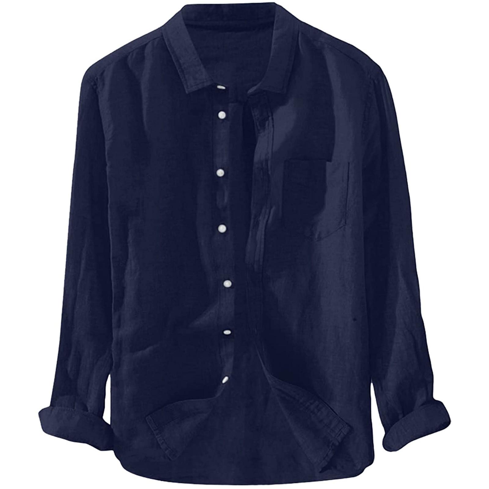 

Чоловіча лляна повсякденна сорочка з довгими рукавами без коміра, літній топ M Темно-синій