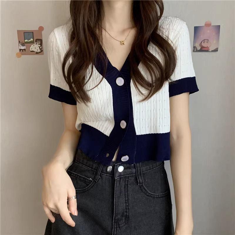 

Women s 2025 Summer V-Neck Short-Sleeve Knitted Ice Silk Crop Top Medium