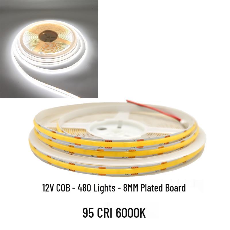 COB LED Strip Light 12V/24V, 320/480 LEDs, 8MM, 90 CRI, Self-Adhesive, Aluminum Channel.