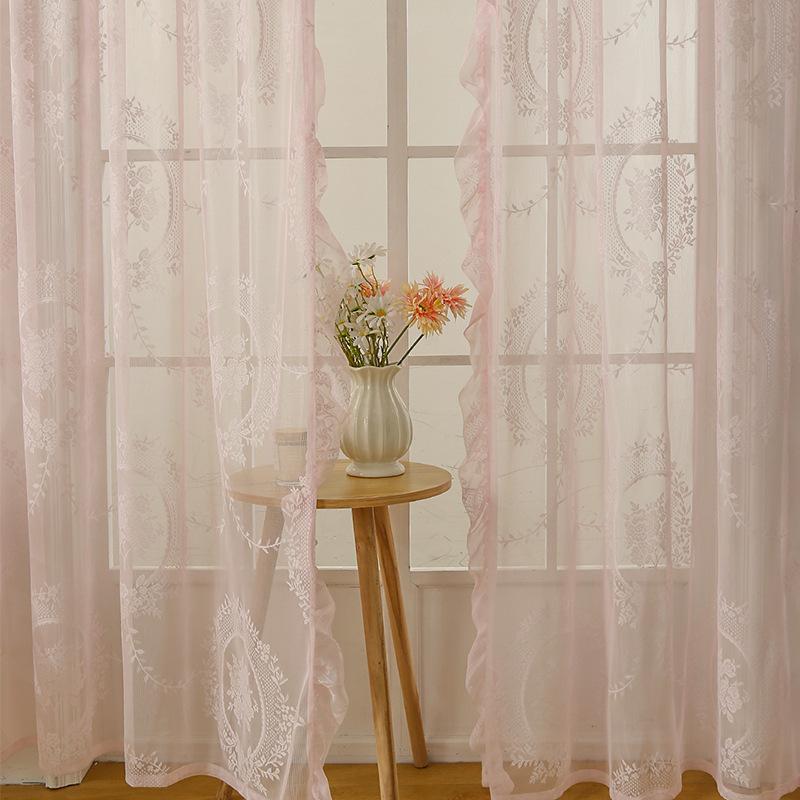 Oglindă rotundă stil francez nou, Perdele florale opace transparente, Perdele din dantelă cu tiv, Material, Fără găurire, Perdele transparente finisate