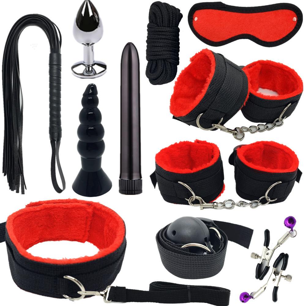 Sexy Nylon BDSM Kit Plush Sex Bondage Set Handcuffs Sex Game Whip Gag Nipple Clip Sex Toy